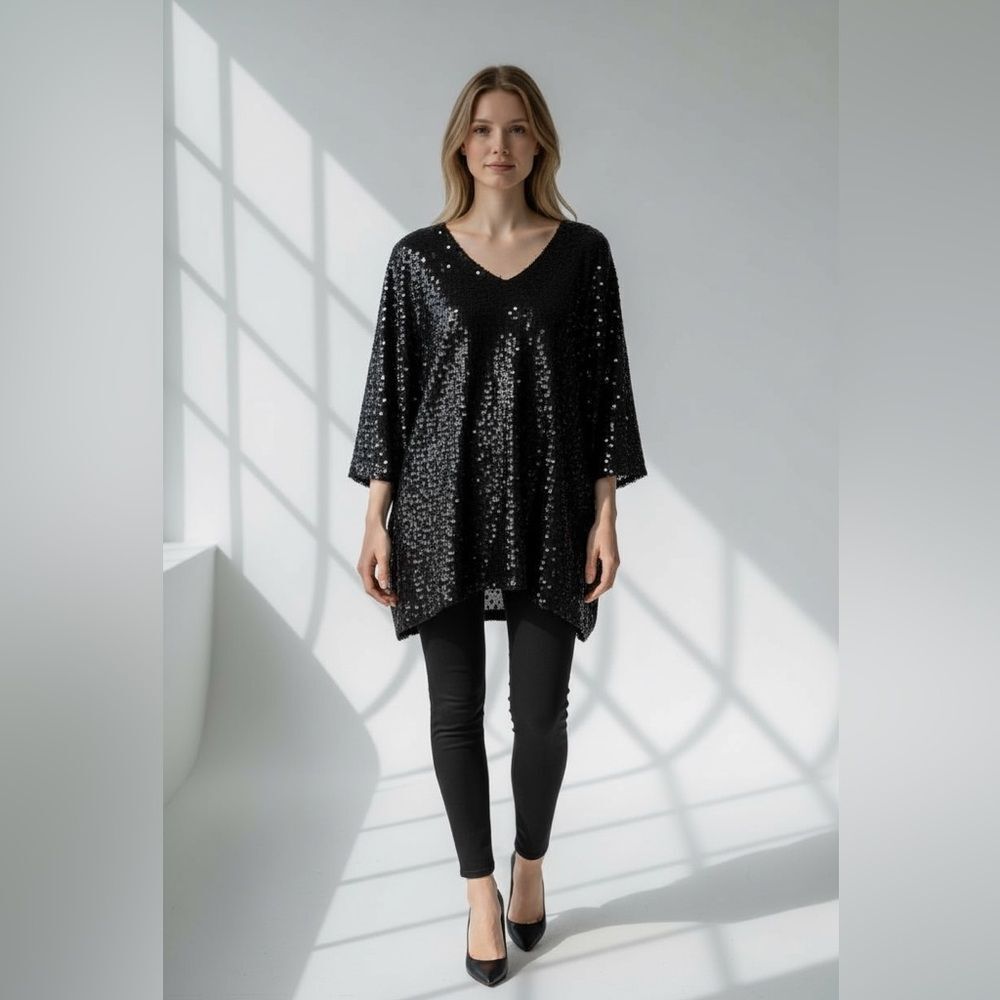 Michael Simon New York for Bergdorf Goodman vintage 90s Black Sequin Tunic Top.